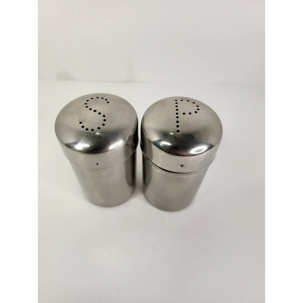 Vintage Stainless Steel Salt and Pepper Shakers Set Brushed Metal S P Lids
